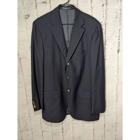 Polo Ralph Lauren Extra Fine Wool Navy Gold Embossed Button Blazer 42L Made in I - Picture 1 of 10